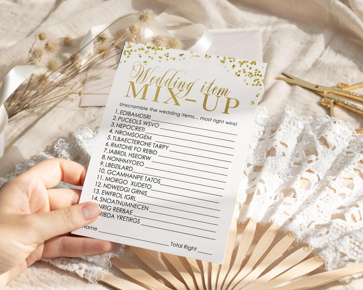 Black and Gold Bridal Shower Word Scramble Game Unscramble Wedding Phrases, Modern Confetti, 4x6 Cards, 25 Guest Pack - Paper Clever Party