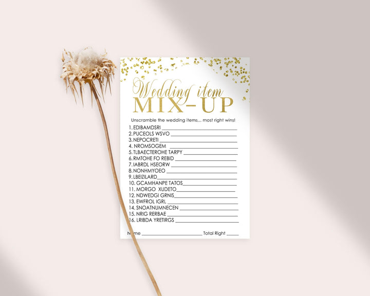 Black and Gold Bridal Shower Word Scramble Game Unscramble Wedding Phrases, Modern Confetti, 4x6 Cards, 25 Guest Pack - Paper Clever Party