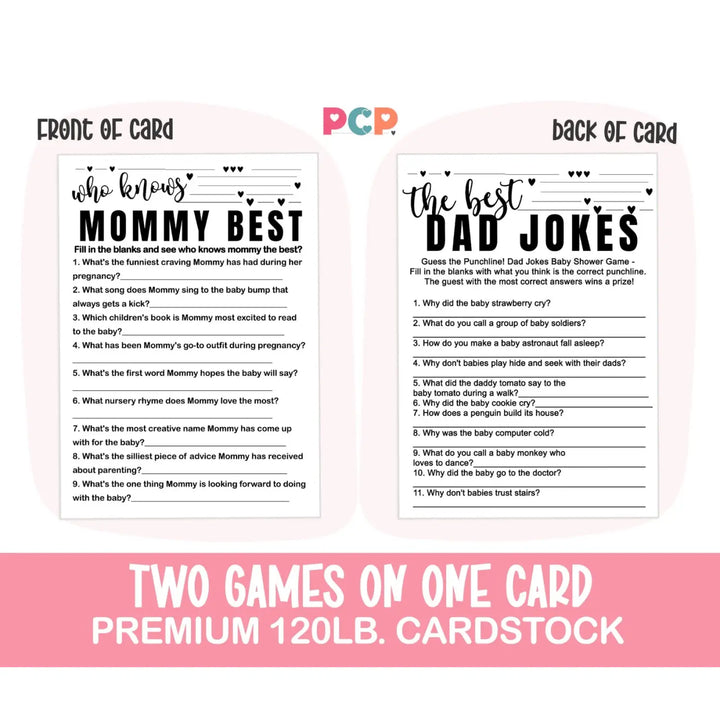 Black and White Baby Shower Game 2-in-1 Set - Who Knows Mommy Best & Dad Jokes, 25 Pack - Paper Clever Party