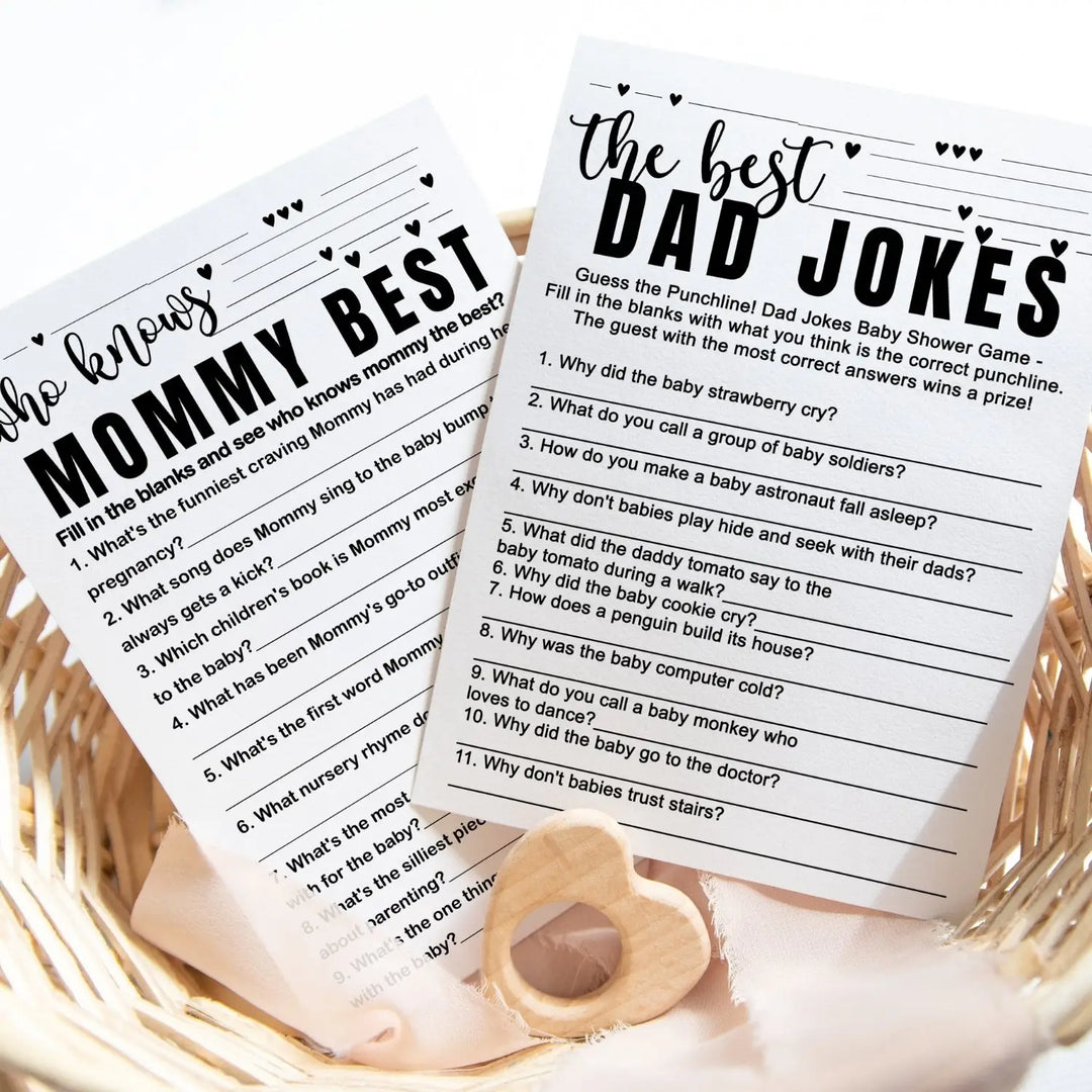 Black and White Baby Shower Game 2-in-1 Set - Who Knows Mommy Best & Dad Jokes, 25 Pack - Paper Clever Party