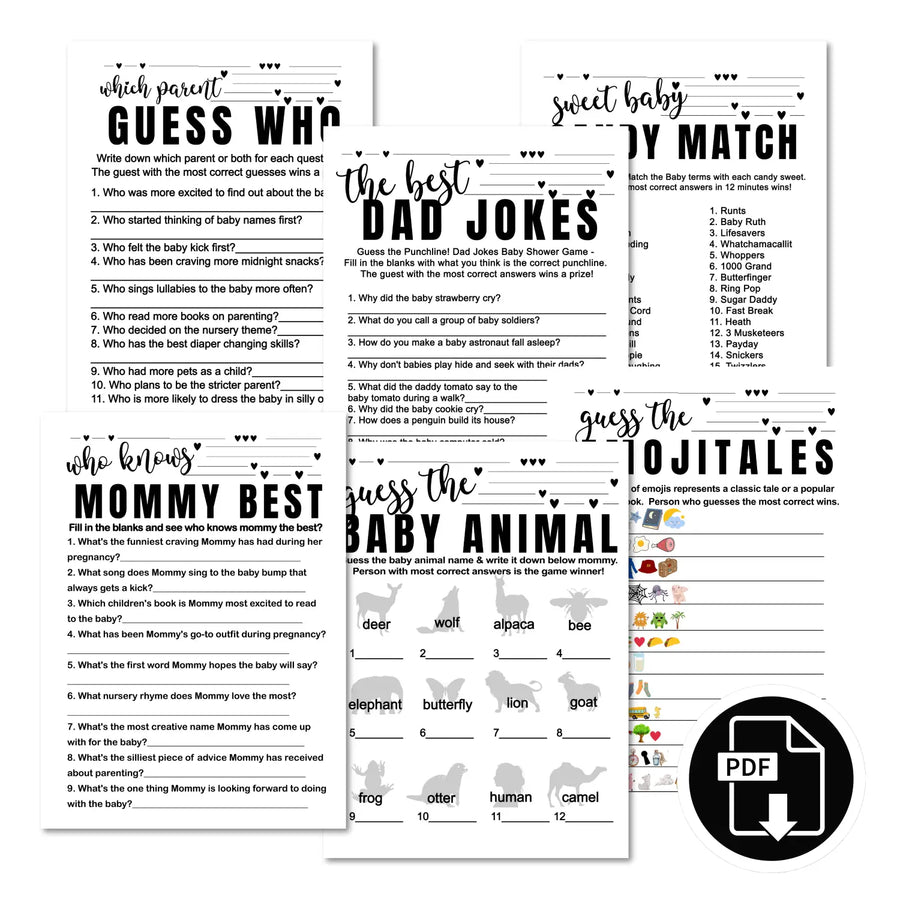 Black and white baby shower games bundle – instant download printable activities coed gender neutral diy party pack