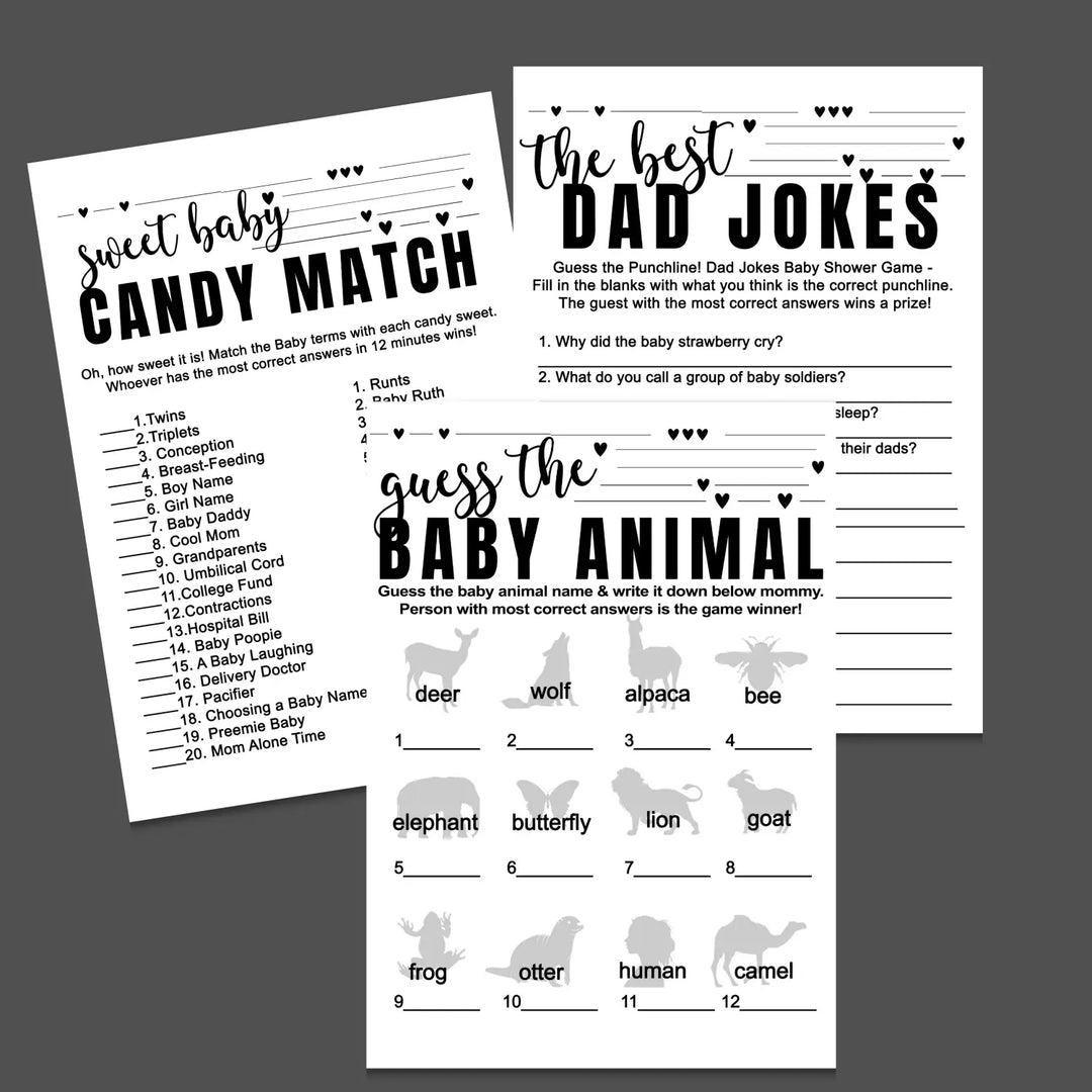 Black and white baby shower games bundle – instant download printable activities coed gender neutral diy party pack