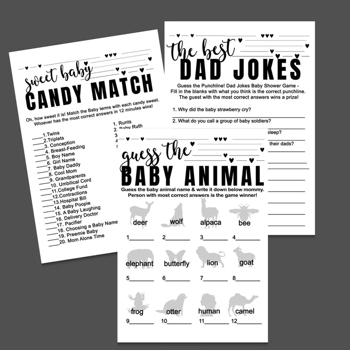 Black and white baby shower games bundle – instant download printable activities coed gender neutral diy party pack