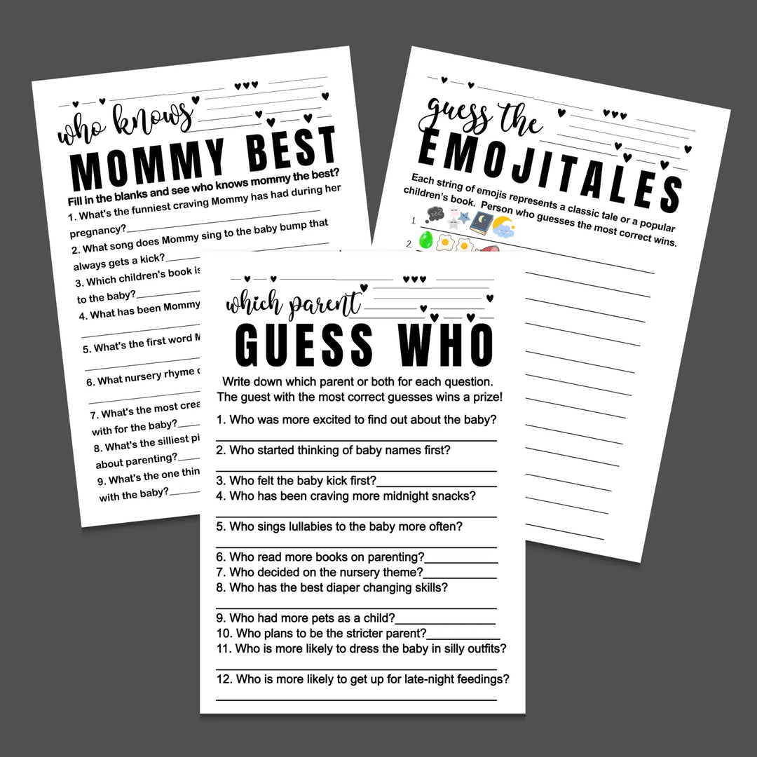 Black and white baby shower games bundle – instant download printable activities coed gender neutral diy party pack