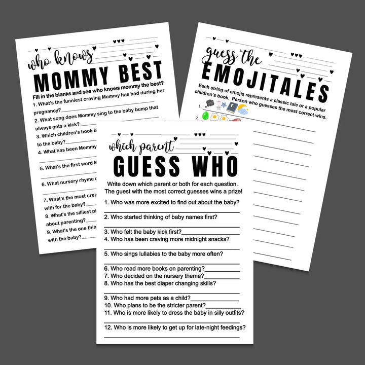 Black and white baby shower games bundle – instant download printable activities coed gender neutral diy party pack