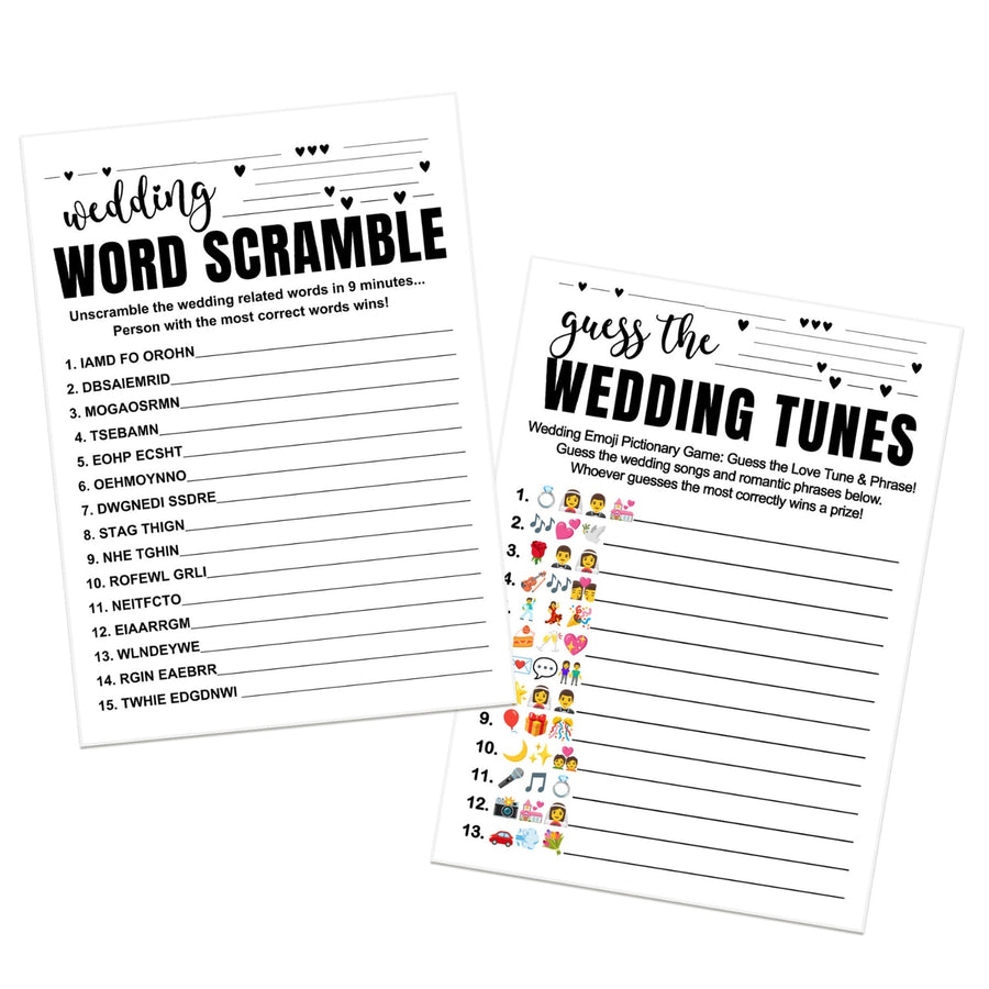 Black and White Bridal Shower Game Bundle - 2-in-1 Word Scramble & Wedding Song Guessing Fun for Guests - 25 Pack - Paper Clever Party