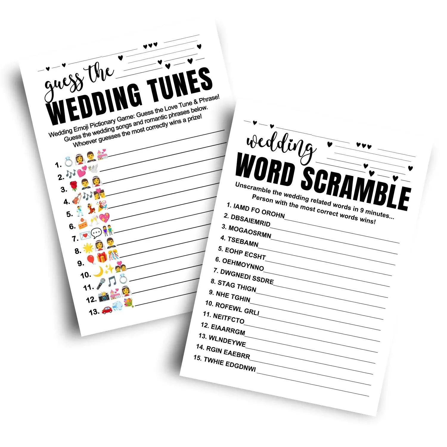 Black and white bridal shower games (25 each) wedding song pictionary word scramble fun guess activity for guests