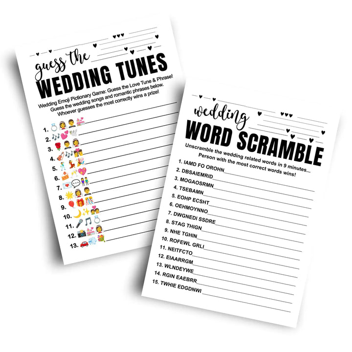 Black and white bridal shower games (25 each) wedding song pictionary word scramble fun guess activity for guests
