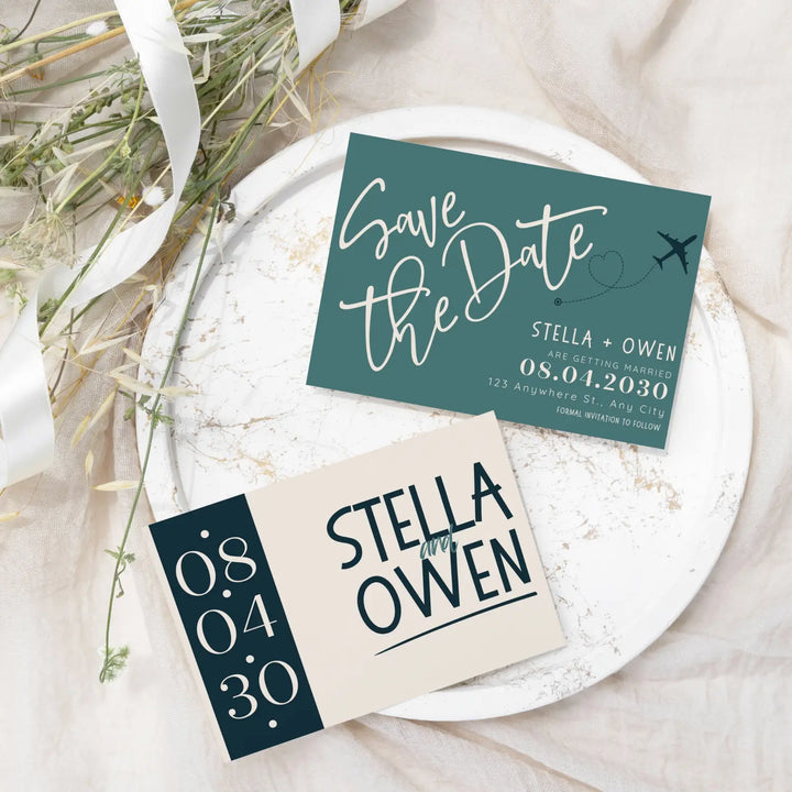 Custom Teal, Black, and Creamy White Save the Date Cards - Personalized 4x6 Inch Invitations with Elegant Typography and White Envelopes - Perfect for Weddings, Birthdays, and Showers