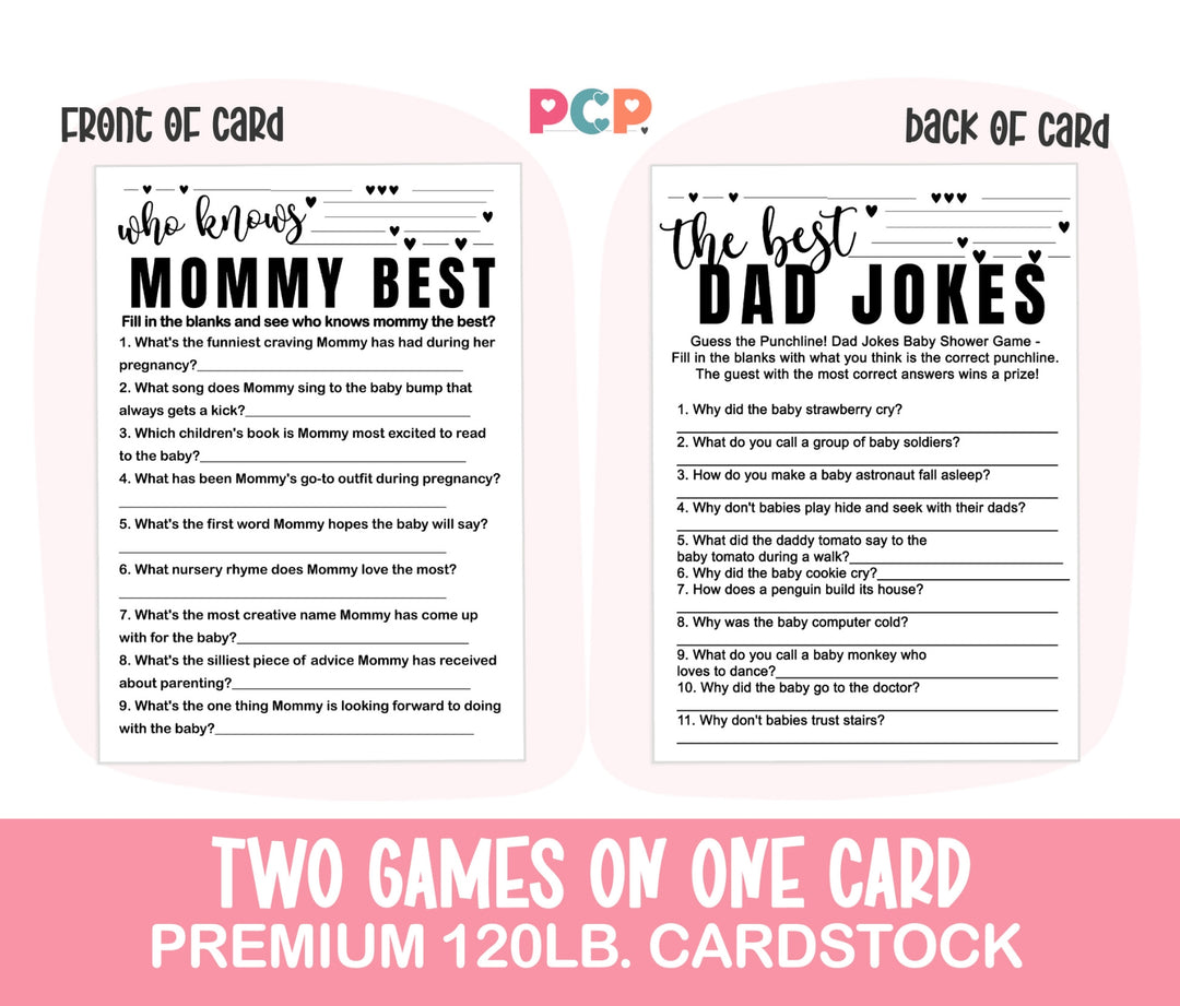 Black and White Baby Shower Game 2-in-1 Set - Who Knows Mommy Best & Dad Jokes, 25 Pack - Paper Clever Party