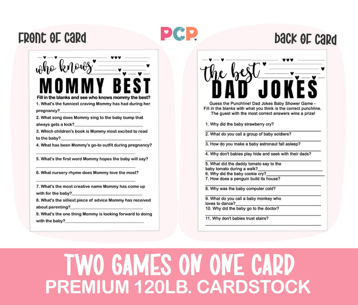 Black and White Baby Shower Game 2-in-1 Set - Who Knows Mommy Best & Dad Jokes, 25 Pack - Paper Clever Party