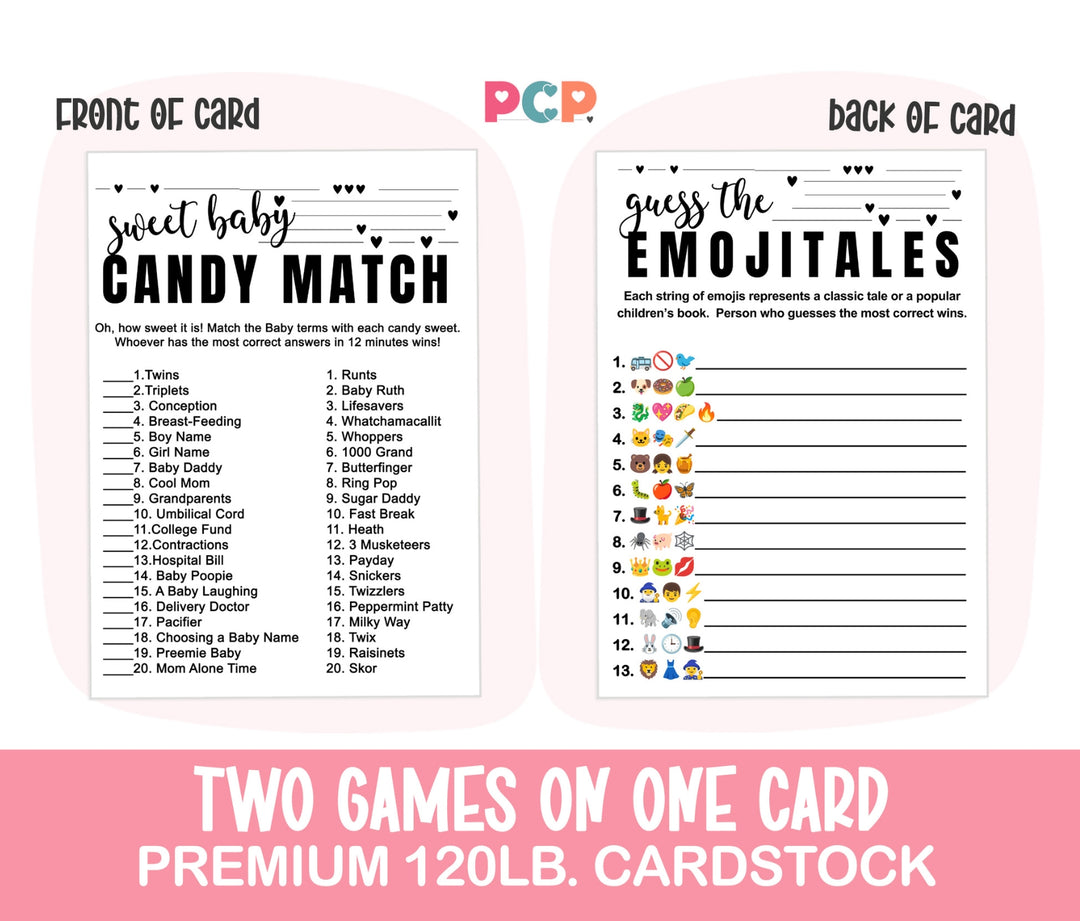 Sophisticated 2-in-1 Baby Shower Game Bundle - Match the Candy Bar & Guess the Storybook - 25 Pack - Paper Clever Party