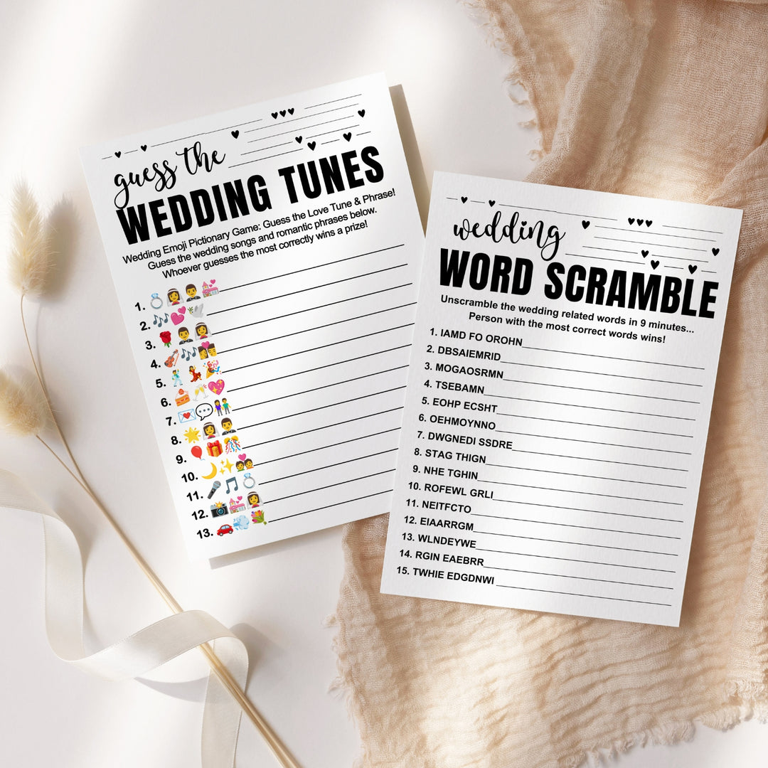 Black and White Bridal Shower Game Bundle - 2-in-1 Word Scramble & Wedding Song Guessing Fun for Guests - 25 Pack - Paper Clever Party