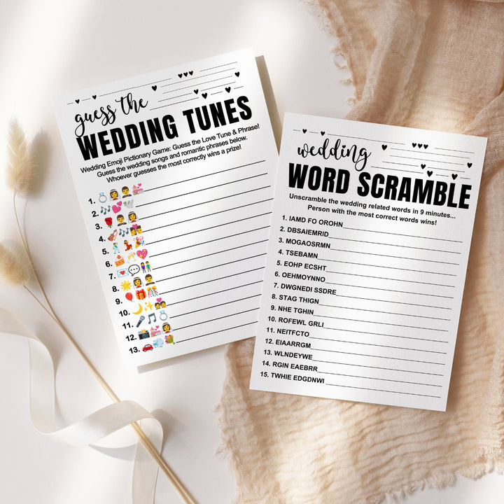 Black and White Bridal Shower Game Bundle - 2-in-1 Word Scramble & Wedding Song Guessing Fun for Guests - 25 Pack - Paper Clever Party