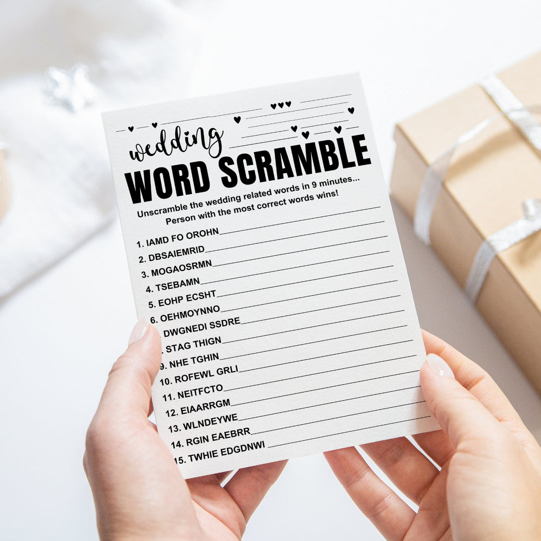 Black and White Bridal Shower Game Bundle - 2-in-1 Word Scramble & Wedding Song Guessing Fun for Guests - 25 Pack - Paper Clever Party