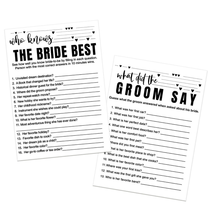 Black and White Bridal Shower Game Bundle 2-in-1 - Who Knows the Bride Best & What Did the Groom Say (25 Pack) - Paper Clever Party