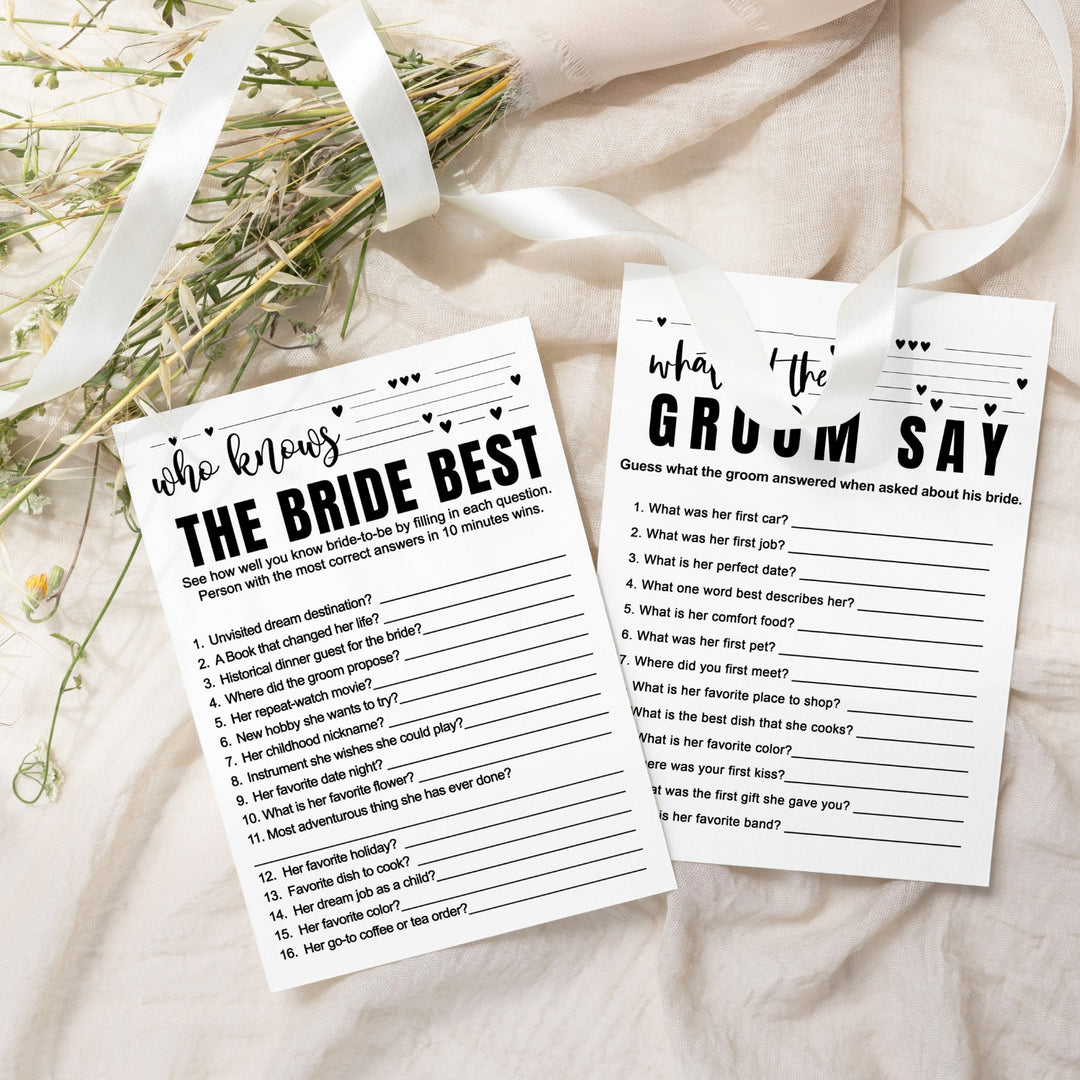 Black and White Bridal Shower Game Bundle 2-in-1 - Who Knows the Bride Best & What Did the Groom Say (25 Pack) - Paper Clever Party