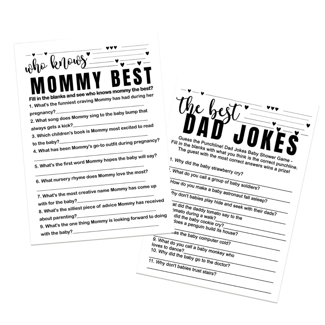 Black and White Baby Shower Game 2-in-1 Set - Who Knows Mommy Best & Dad Jokes, 25 Pack - Paper Clever Party