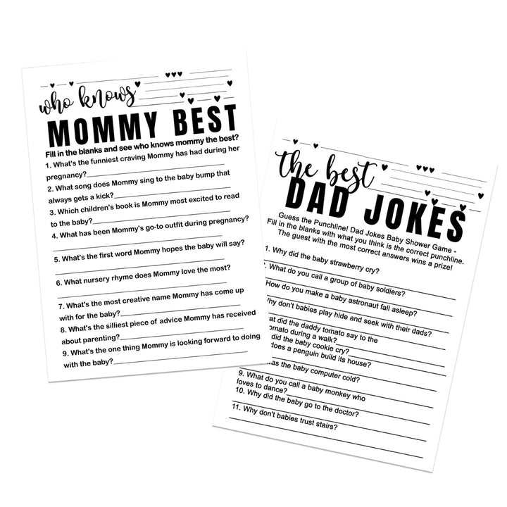 Black and White Baby Shower Game 2-in-1 Set - Who Knows Mommy Best & Dad Jokes, 25 Pack - Paper Clever Party