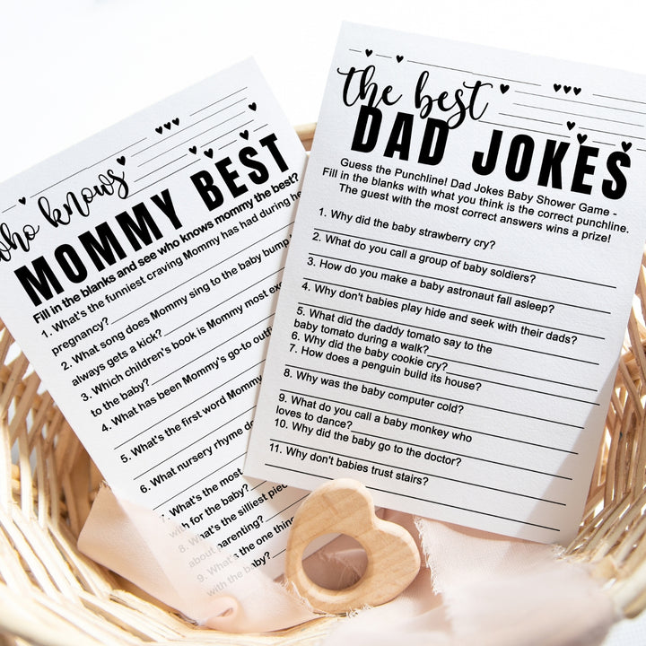 Black and White Baby Shower Game 2-in-1 Set - Who Knows Mommy Best & Dad Jokes, 25 Pack - Paper Clever Party