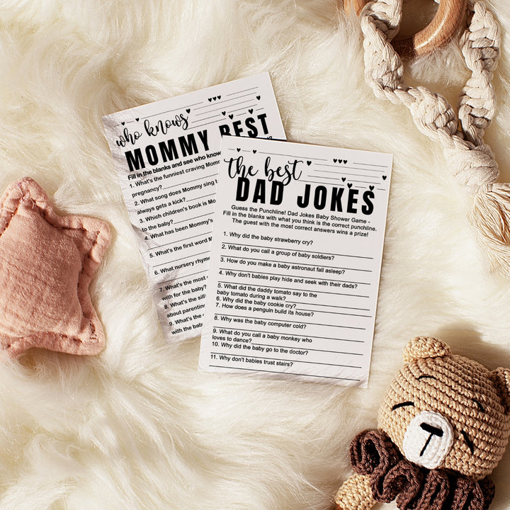 Black and White Baby Shower Game 2-in-1 Set - Who Knows Mommy Best & Dad Jokes, 25 Pack - Paper Clever Party