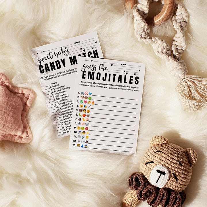 Sophisticated 2-in-1 Baby Shower Game Bundle - Match the Candy Bar & Guess the Storybook - 25 Pack - Paper Clever Party