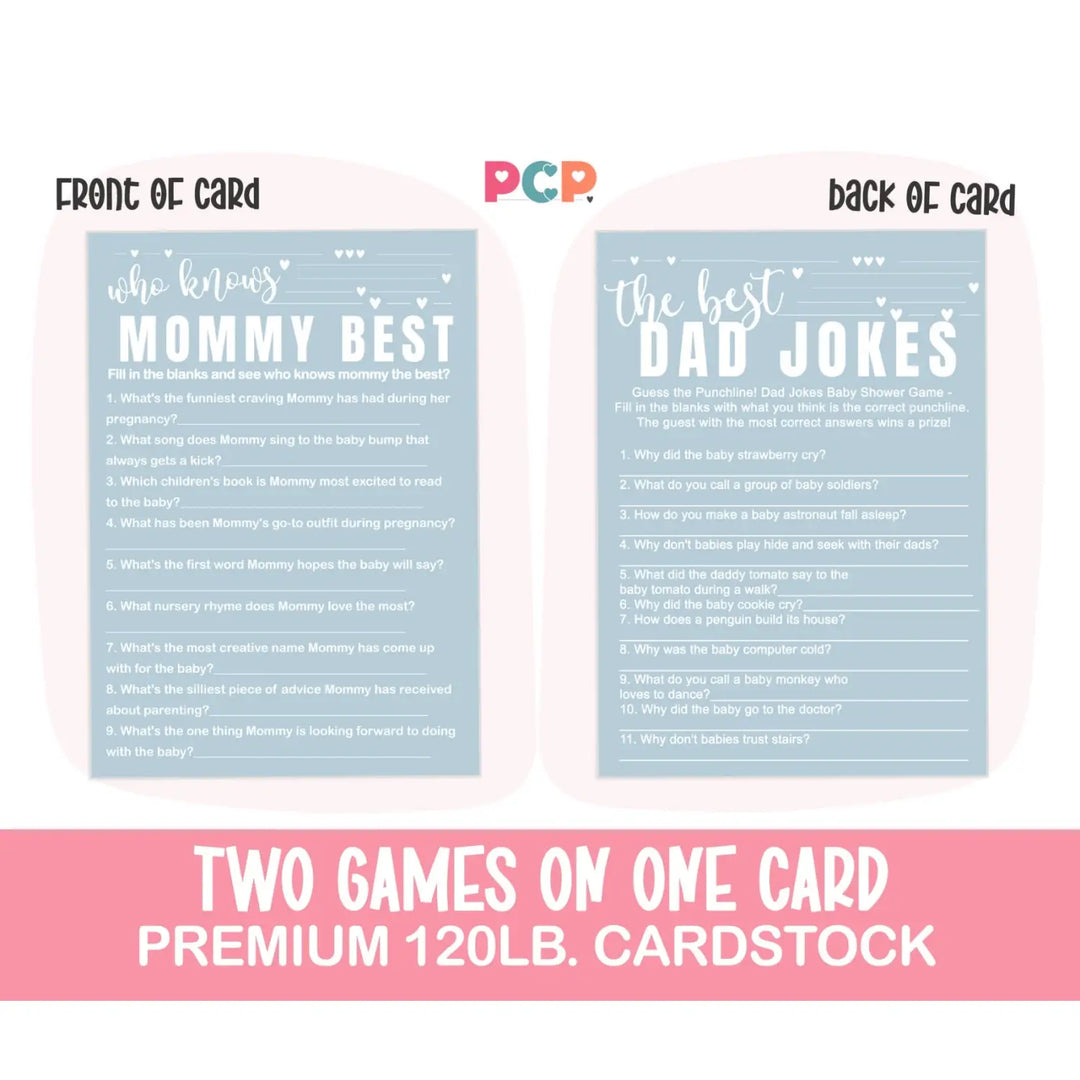 Blue Baby Shower Game Set - Who Knows Mommy Best & Dad Jokes, Modern Minimalist, 25 Pack - Paper Clever Party