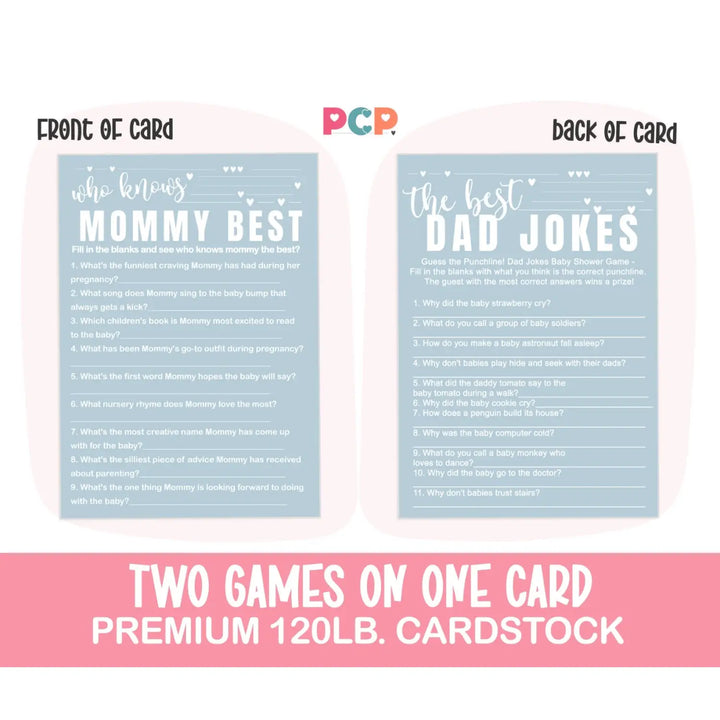 Blue Baby Shower Game Set - Who Knows Mommy Best & Dad Jokes, Modern Minimalist, 25 Pack - Paper Clever Party