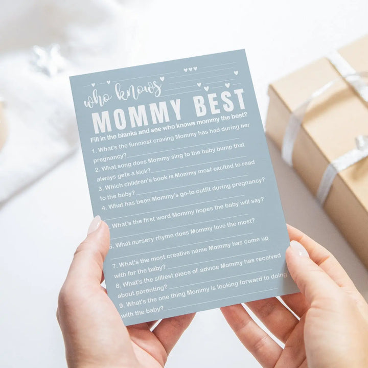 Blue Baby Shower Game Set - Who Knows Mommy Best & Dad Jokes, Modern Minimalist, 25 Pack - Paper Clever Party