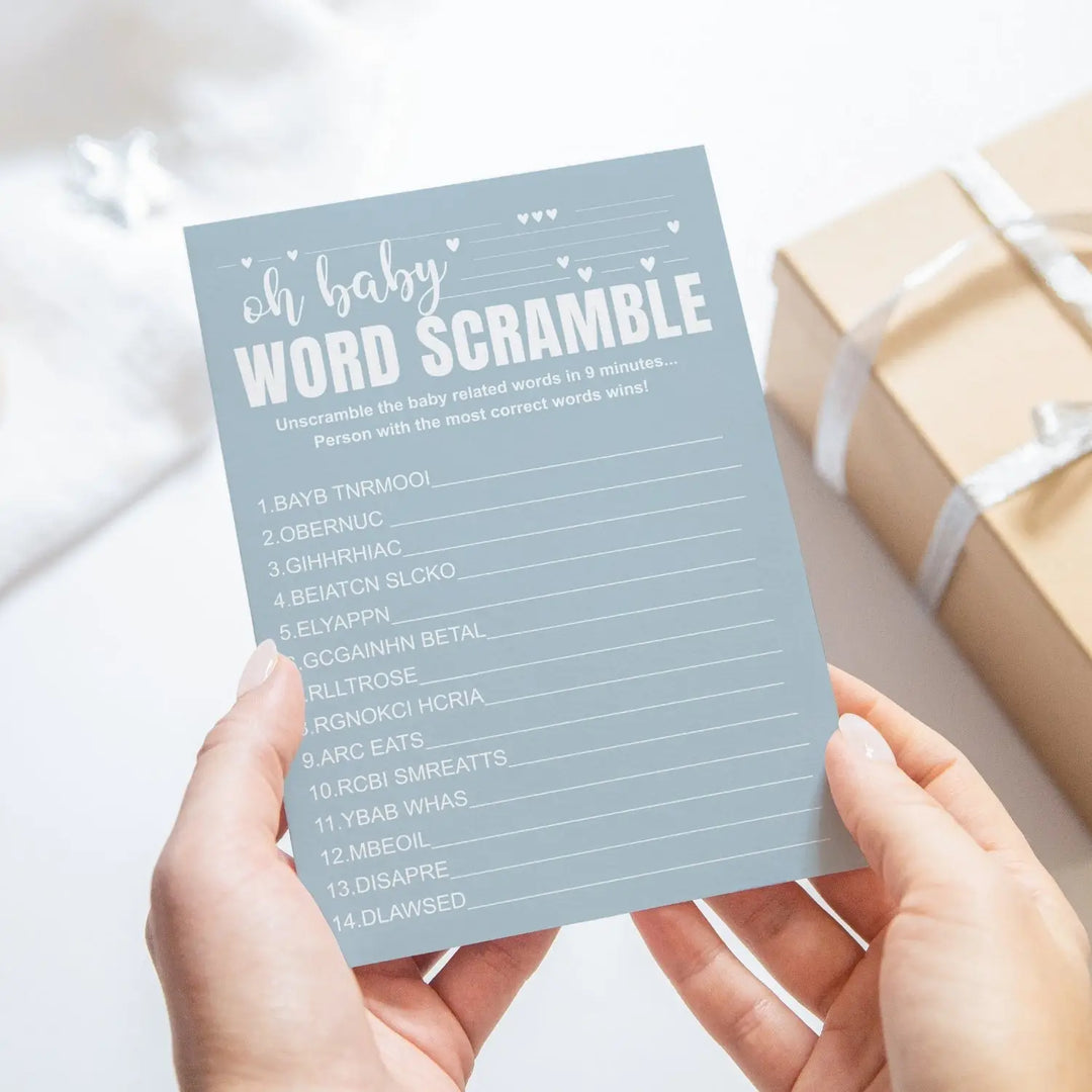 Blue Baby Shower Game Set - Word Scramble and Guess the Pictograms Titles, 5x7 Double-Sided Cards, 25 Pack with Answer Key - Paper Clever Party