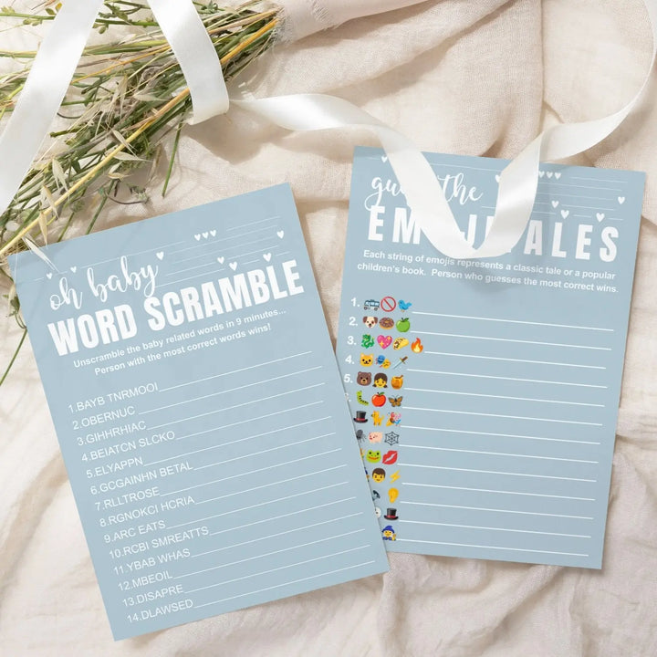 Blue Baby Shower Game Set - Word Scramble and Guess the Pictograms Titles, 5x7 Double-Sided Cards, 25 Pack with Answer Key - Paper Clever Party