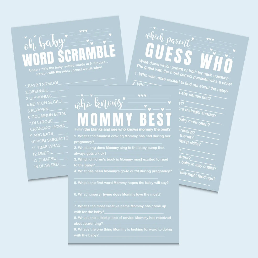 Blue baby shower games instant download printable activities coed diy party bundle kit