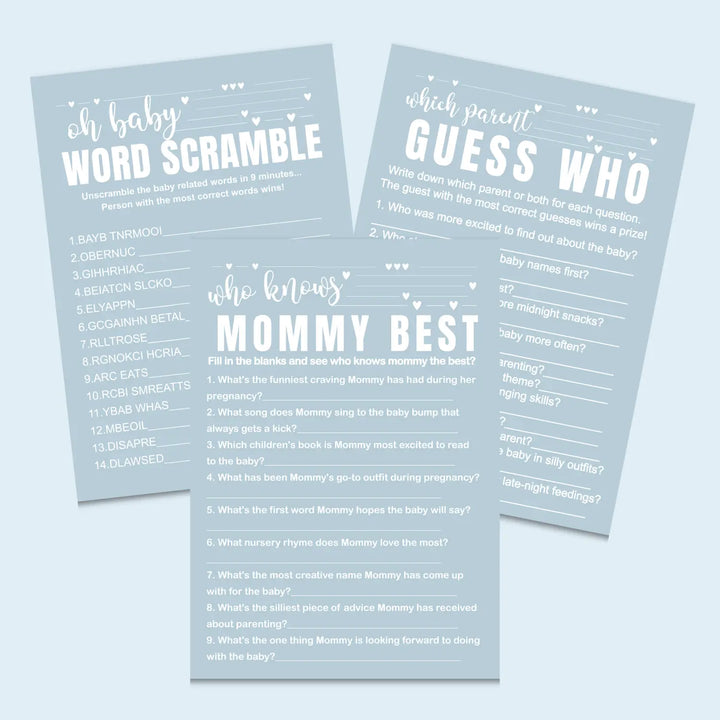 Blue baby shower games instant download printable activities coed diy party bundle kit