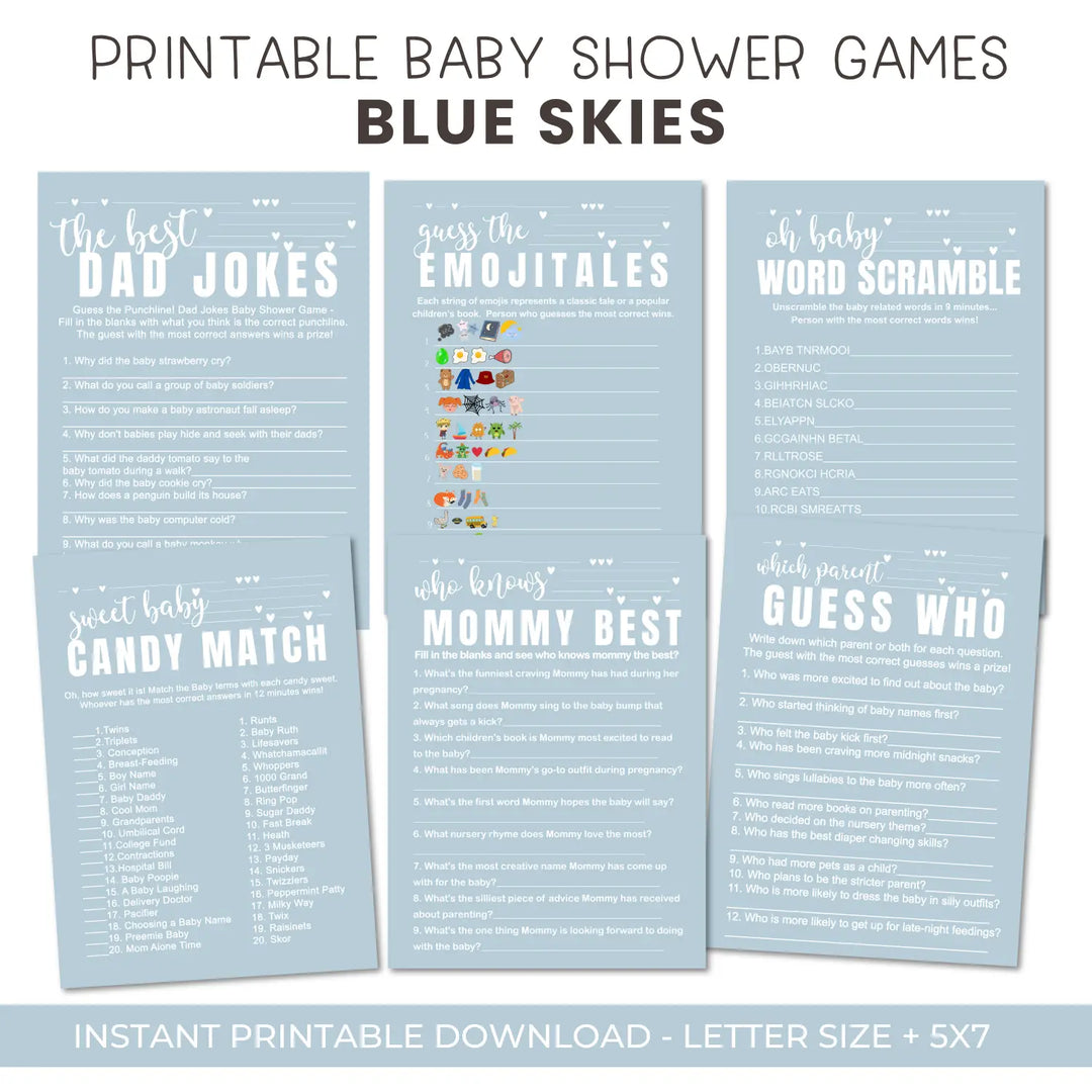 Blue baby shower games instant download printable activities coed diy party bundle kit