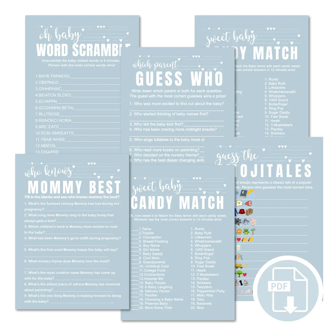 Blue baby shower games instant download printable activities coed diy party bundle kit