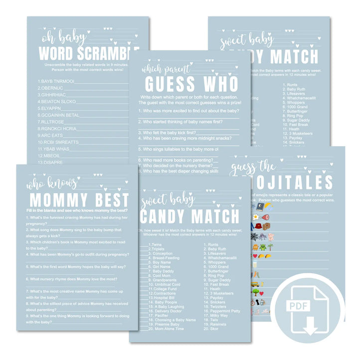 Blue baby shower games instant download printable activities coed diy party bundle kit