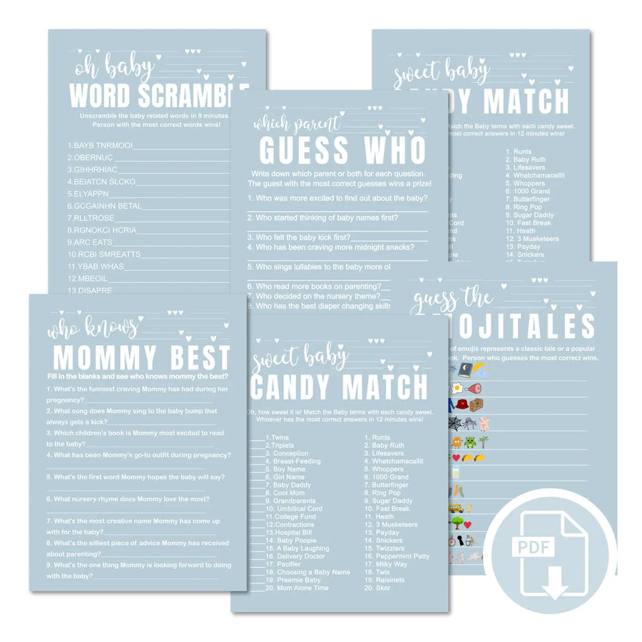 Blue baby shower games instant download printable activities coed diy party bundle kit