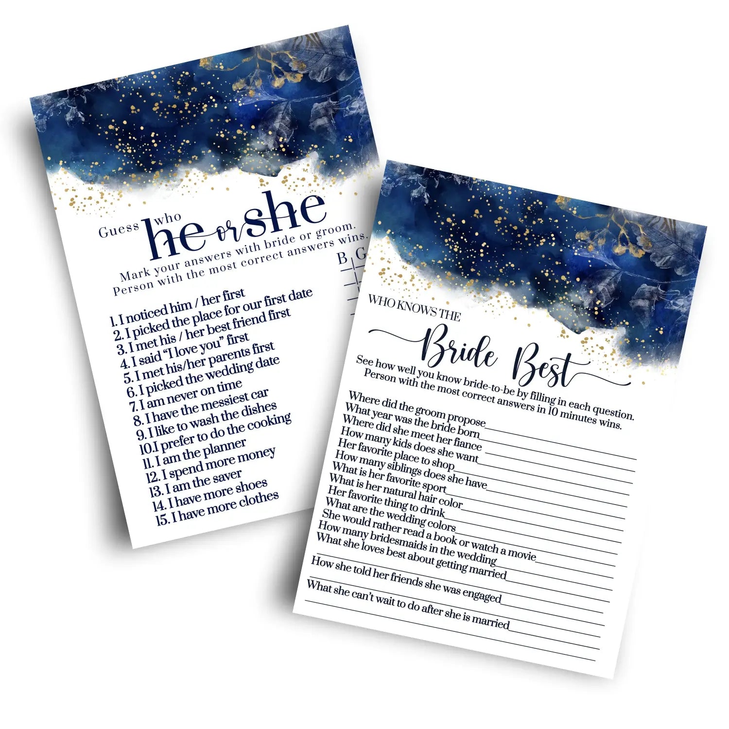 Blue bridal shower games – bundle includes he said or she & who knows the bride best wedding game - ideas