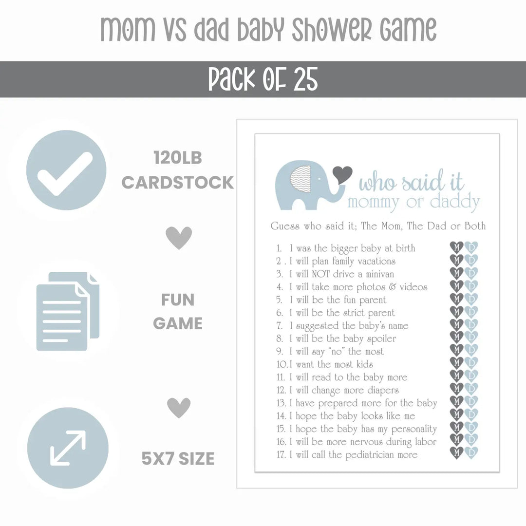 Blue Elephant Baby Shower Game 25 Guest Pack - Paper Clever Party