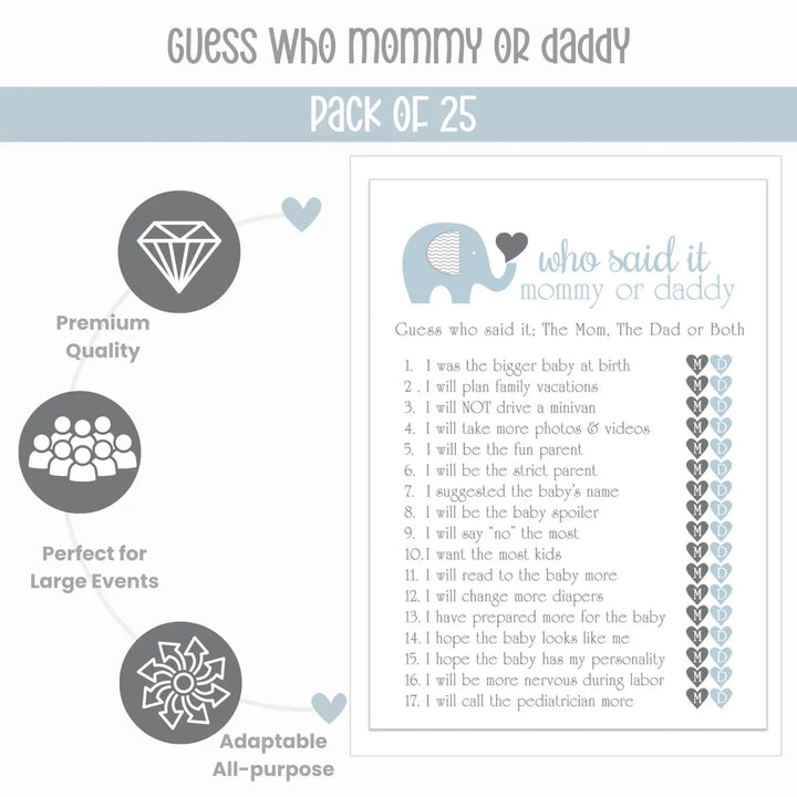 Blue Elephant Baby Shower Game 25 Guest Pack - Paper Clever Party