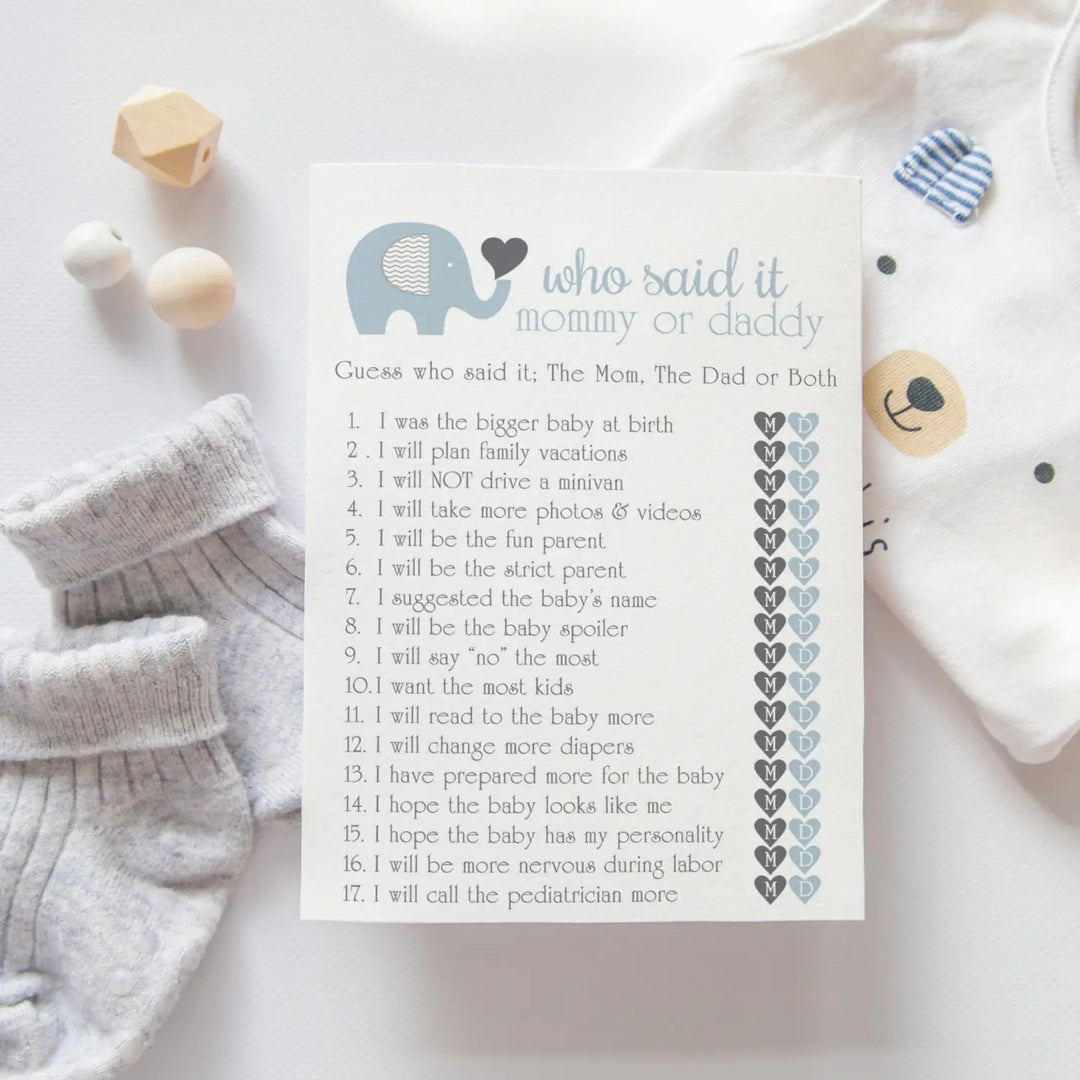 Blue Elephant Baby Shower Game 25 Guest Pack - Paper Clever Party