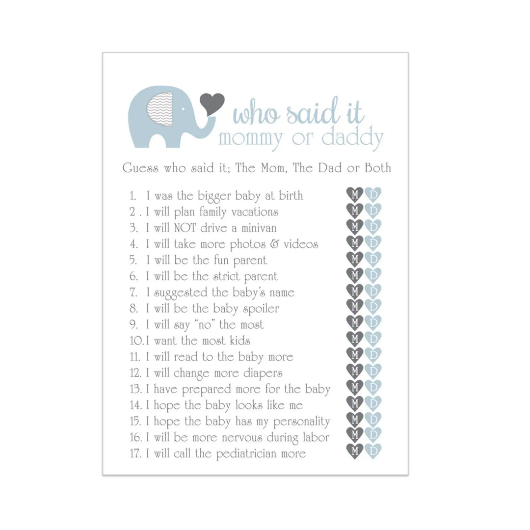 Blue Elephant Baby Shower Game 25 Guest Pack - Paper Clever Party