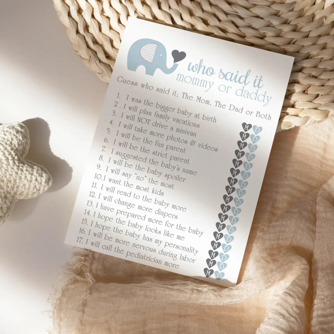 Blue Elephant Baby Shower Game 25 Guest Pack - Paper Clever Party