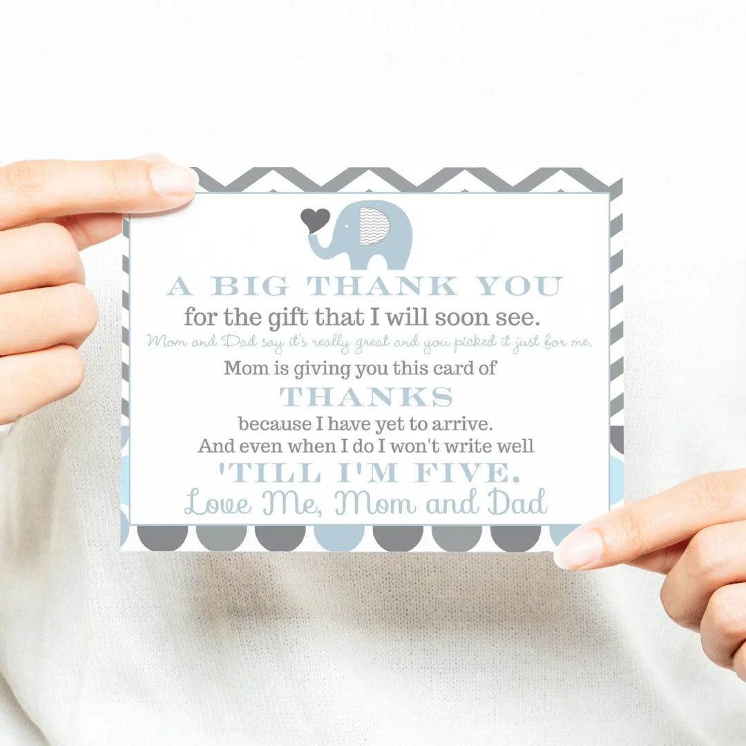 Blue Elephant Boys Baby Shower Thank You Cards - 15 Pack with Gray Envelopes, 4x6 - Paper Clever Party