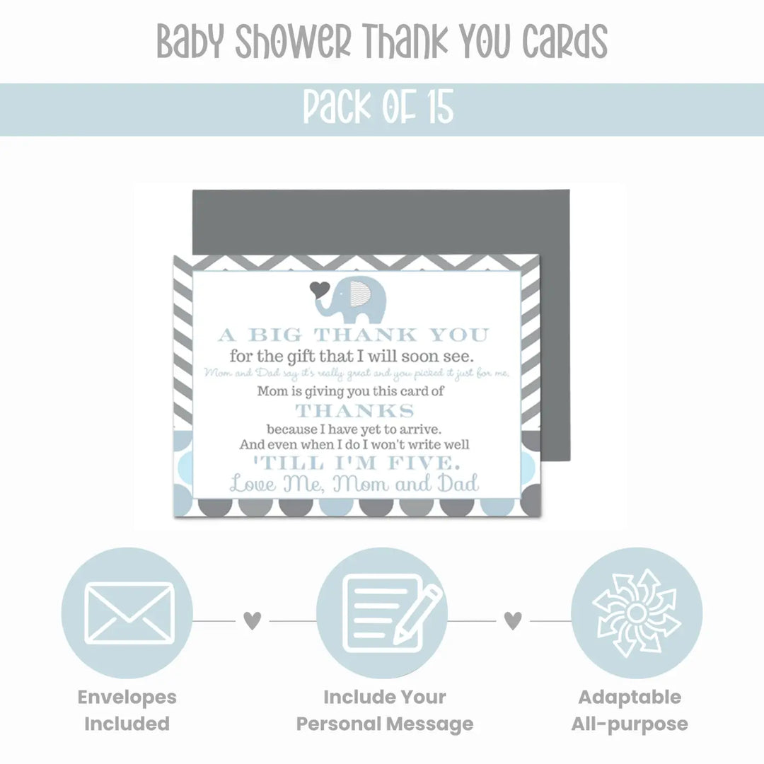 Blue Elephant Boys Baby Shower Thank You Cards - 15 Pack with Gray Envelopes, 4x6 - Paper Clever Party