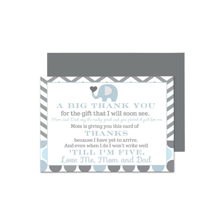 Blue Elephant Boys Baby Shower Thank You Cards - 15 Pack with Gray Envelopes, 4x6 - Paper Clever Party