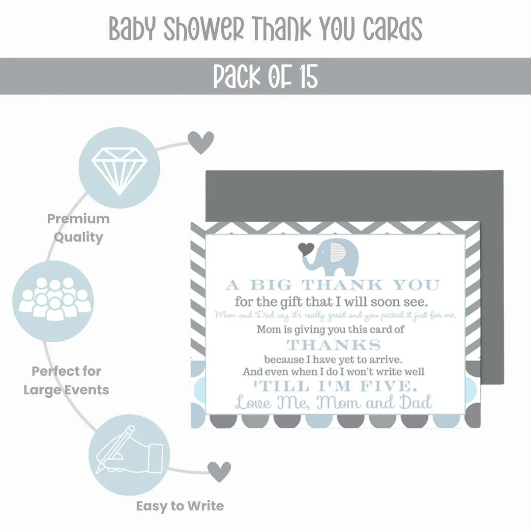 Blue Elephant Boys Baby Shower Thank You Cards - 15 Pack with Gray Envelopes, 4x6 - Paper Clever Party