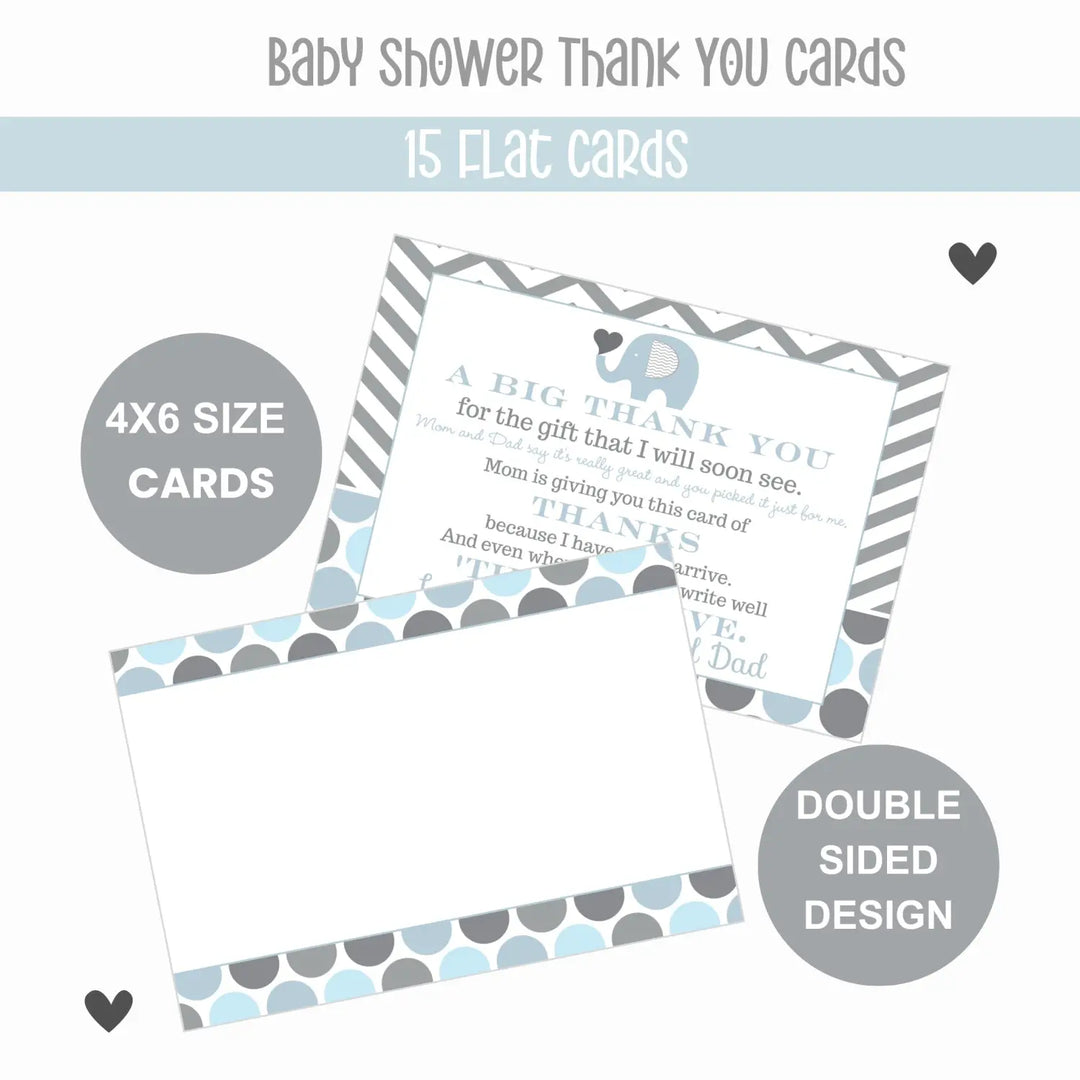 Blue Elephant Boys Baby Shower Thank You Cards - 15 Pack with Gray Envelopes, 4x6 - Paper Clever Party