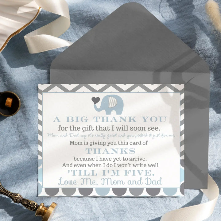 Blue Elephant Boys Baby Shower Thank You Cards - 15 Pack with Gray Envelopes, 4x6 - Paper Clever Party