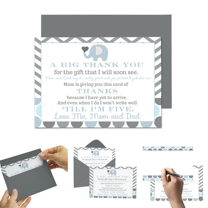 Blue Elephant Boys Baby Shower Thank You Cards - 15 Pack with Gray Envelopes, 4x6 - Paper Clever Party